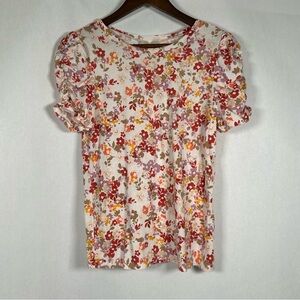 LOFT Multicolor Floral Ruched Sleeve Top